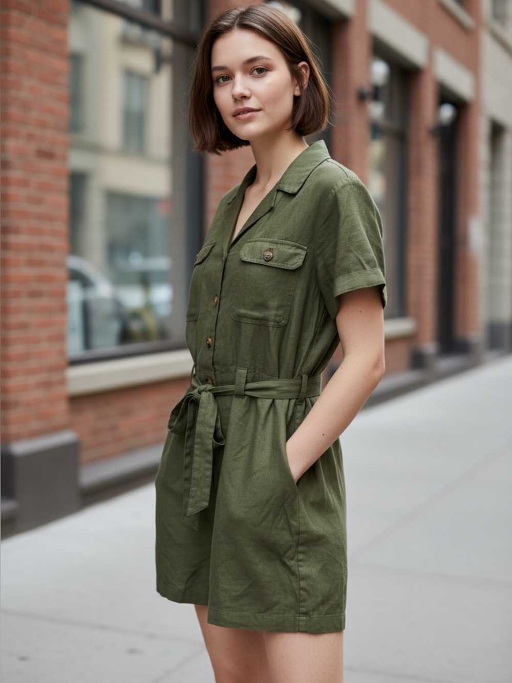 Sonoma Olive Short-Sleeve Utility Tie-Waist Romper Women’s Size Large India Y2K